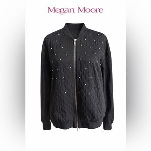 Megan Moore Black Quilted Studded Bomber Jacket Zip Front L
